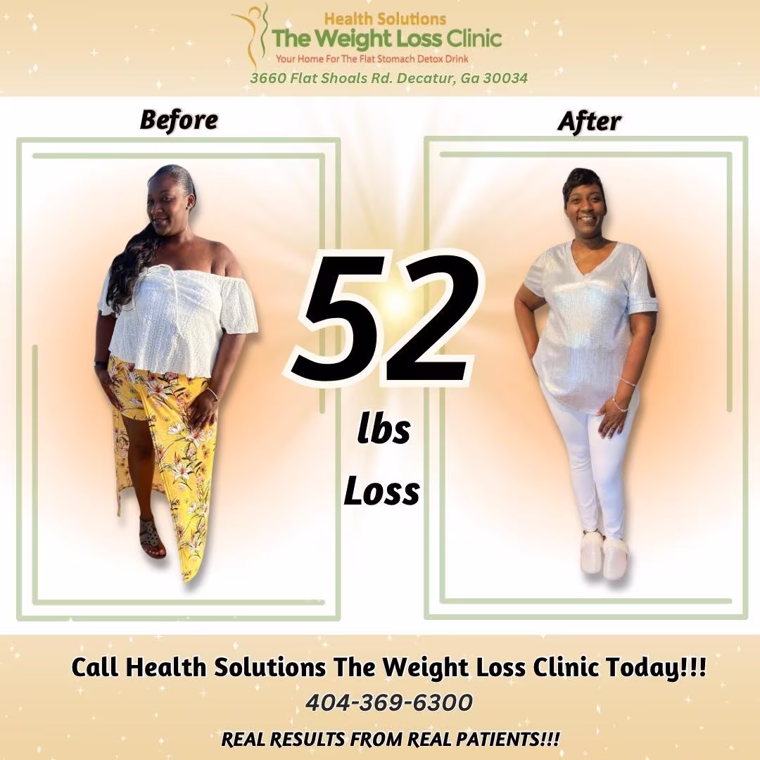 Before & After 6 Before and after graphic showing a 52 lb weight loss at Health Solutions