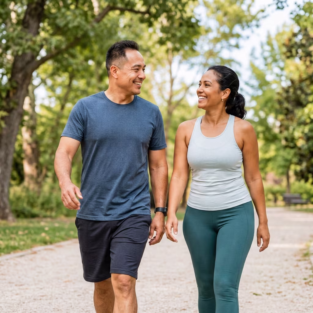 Man and woman walking outdoors together on a wellness journey