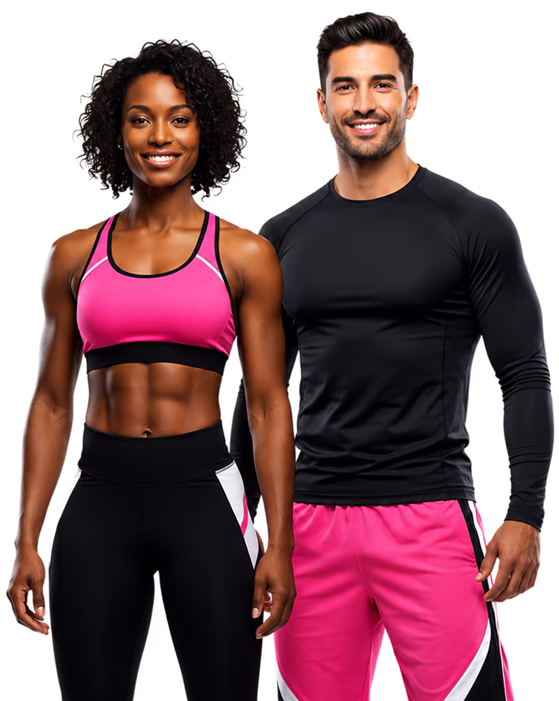 Fit couple in pink and black activewear at Health Solutions weight loss clinic