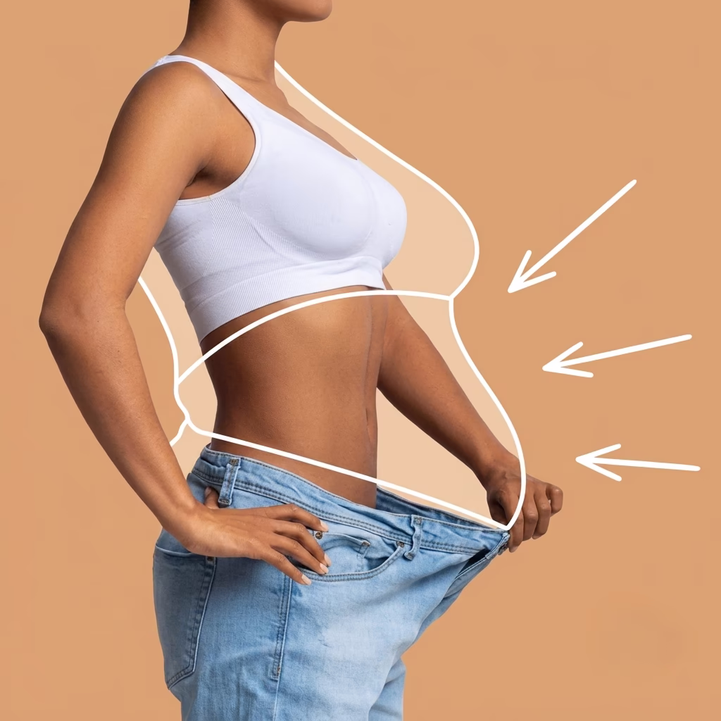 Slim waist with arrows highlighting weight loss injection results
