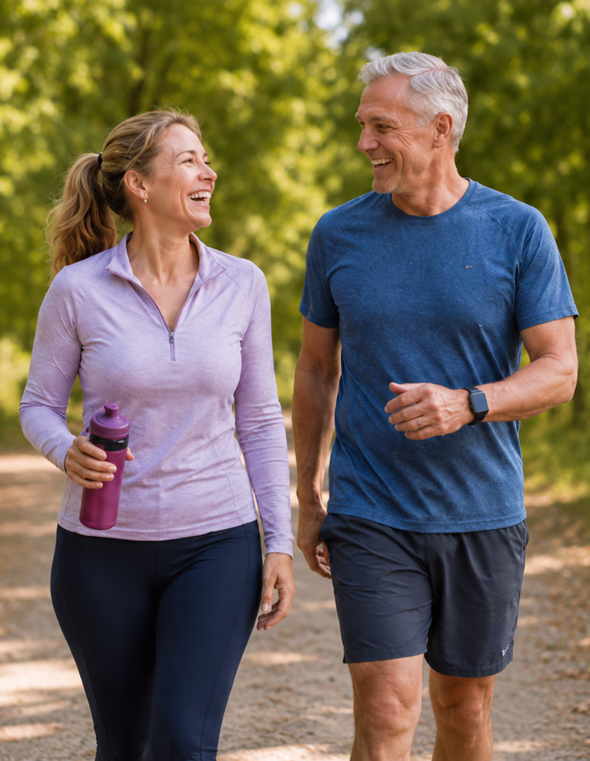 Active mature couple walking outdoors after bioidentical hormone therapy