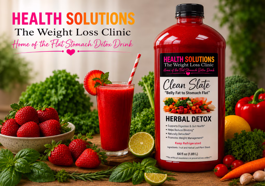 Health Solutions Flat Stomach Detox Drink bottle with fresh fruit and a smoothie