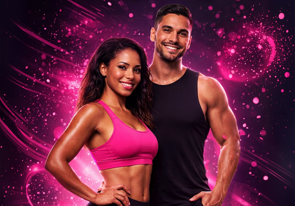 grow-up-04 Fit couple in pink and black activewear on a magenta background