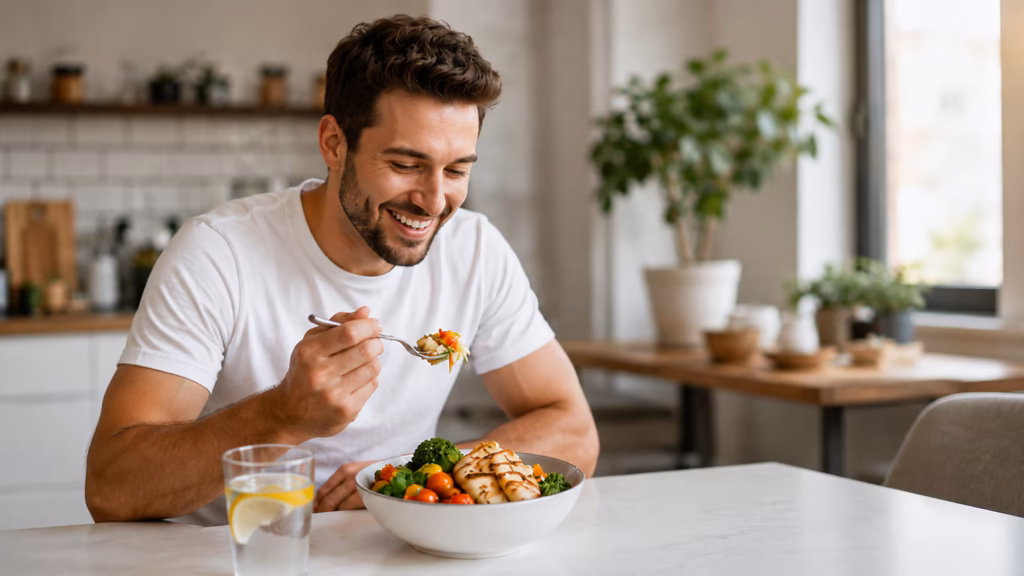 Man eating a healthy balanced meal at his kitchen table