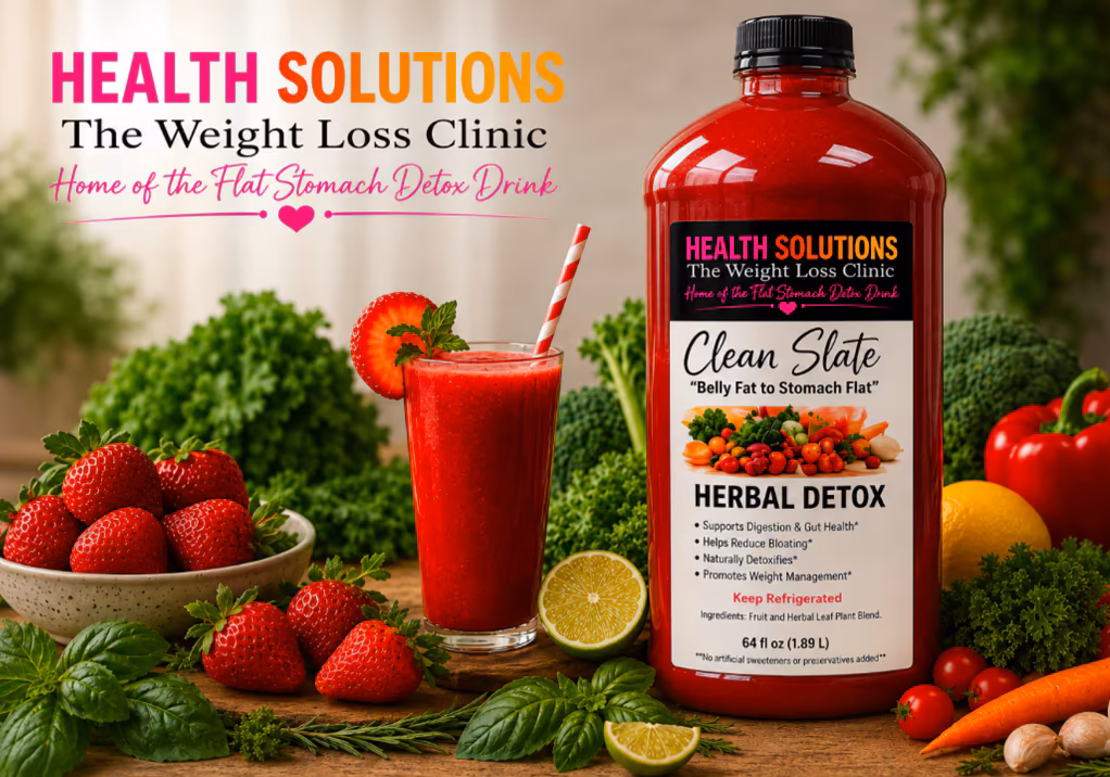 Health Solutions Flat Stomach Detox Drink bottle with fresh fruit and a smoothie