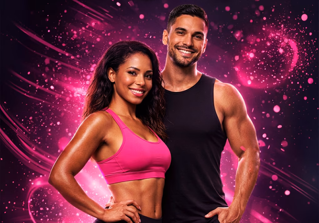 Fit couple in pink and black activewear on a magenta background