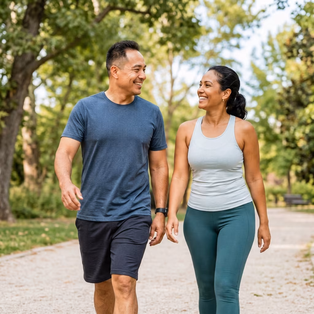 Man and woman walking outdoors together on a wellness journey