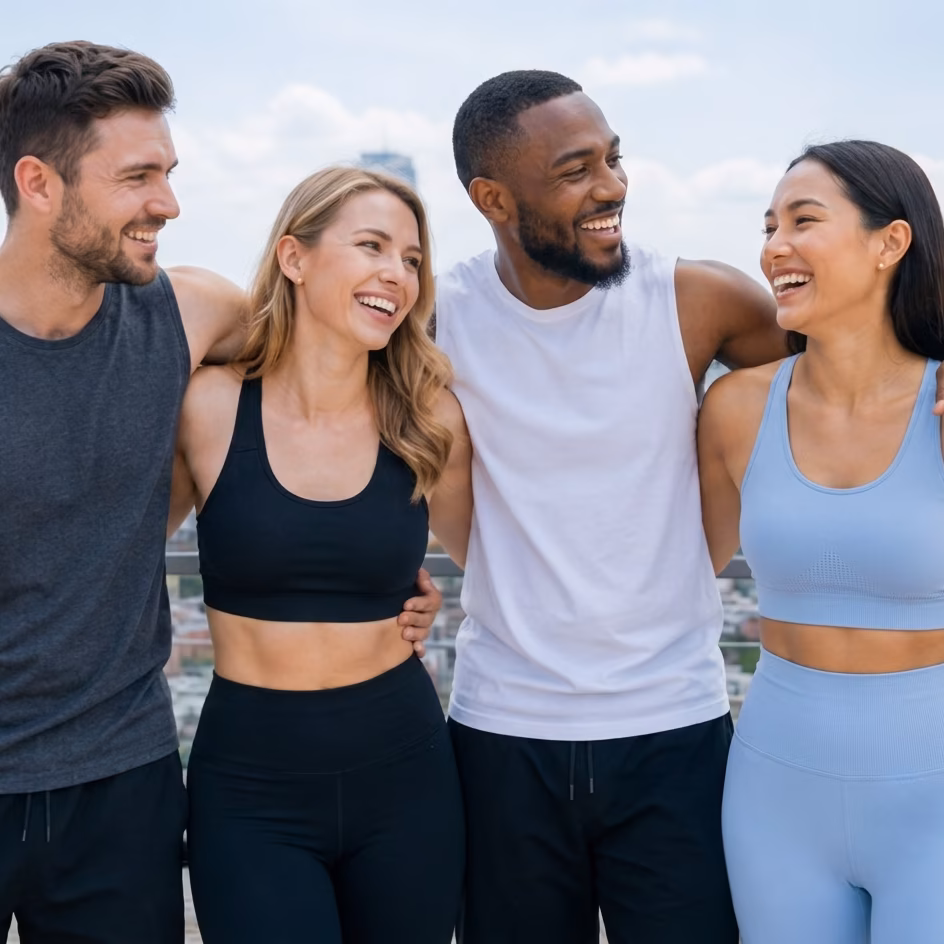 Group of friends in activewear after reaching their weight loss goals