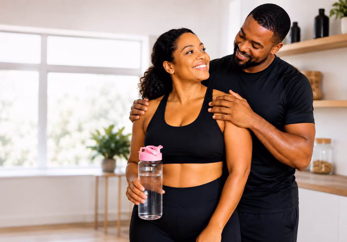 Smiling couple enjoying the Flat Stomach Detox Drink in their kitchen