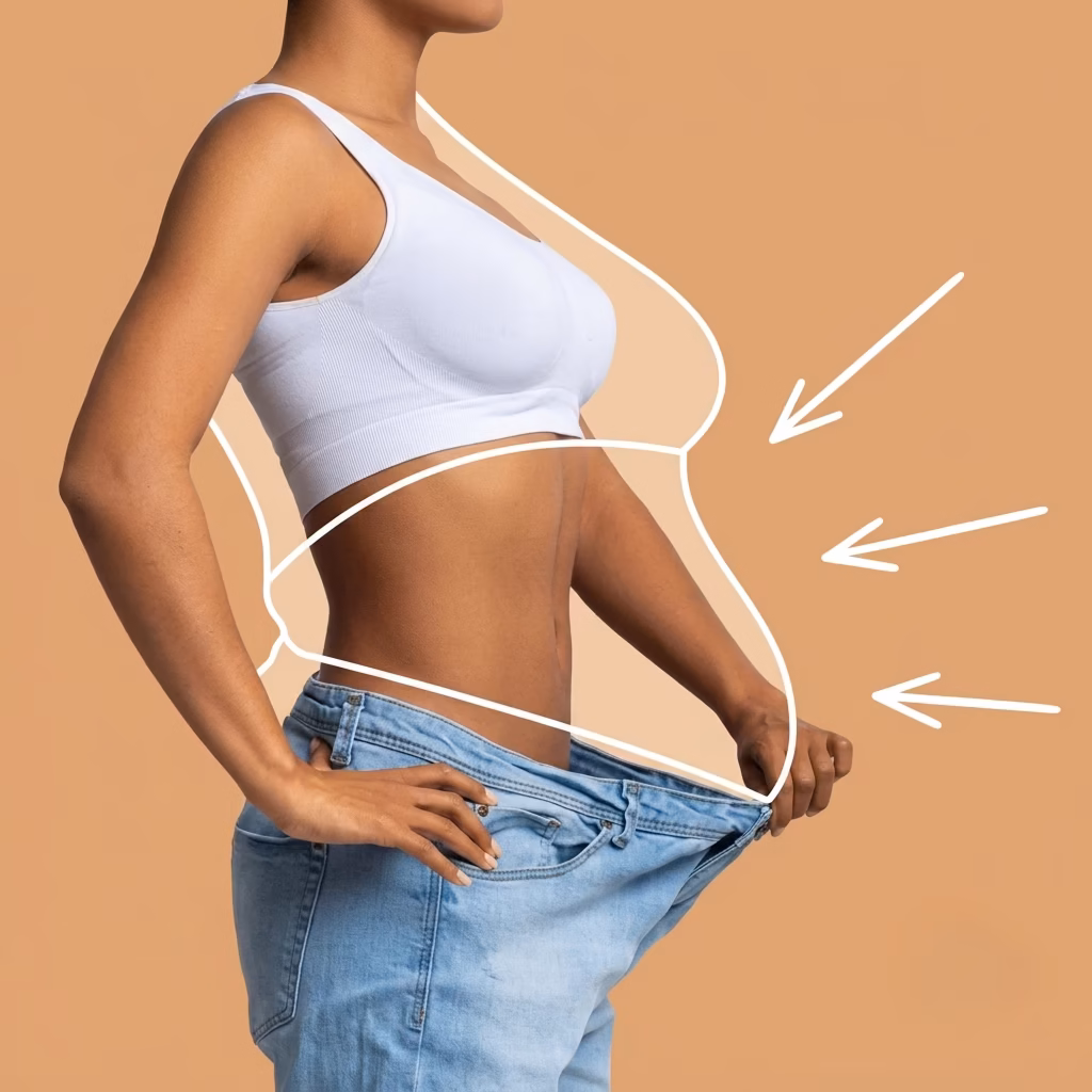 Slim waist with arrows highlighting weight loss injection results